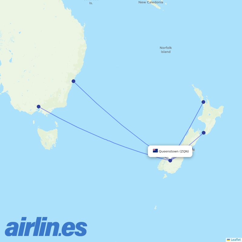 Air New Zealand from Queenstown destination map
