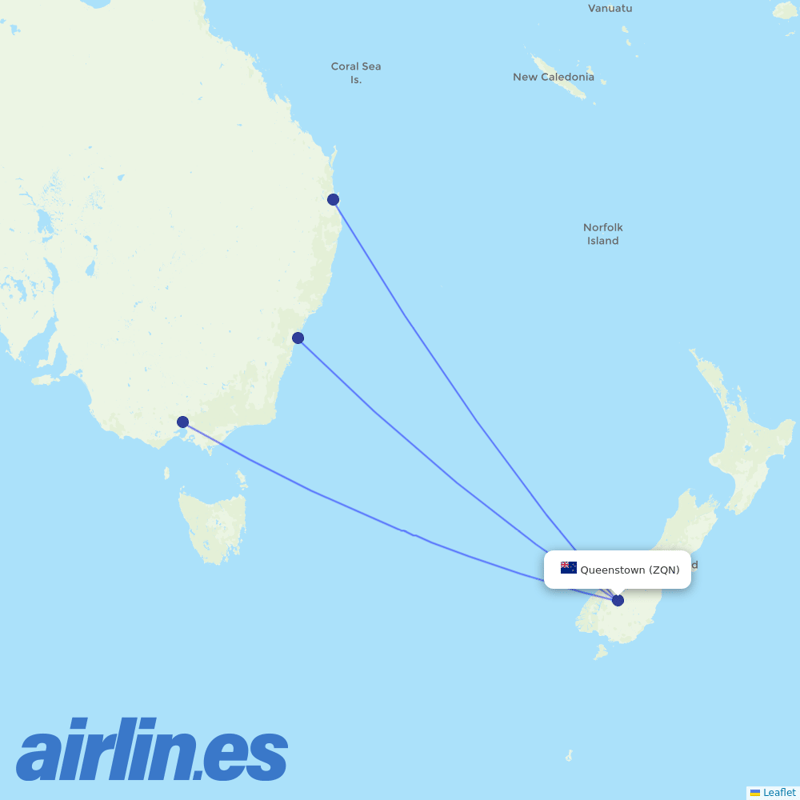 Virgin Australia from Queenstown destination map