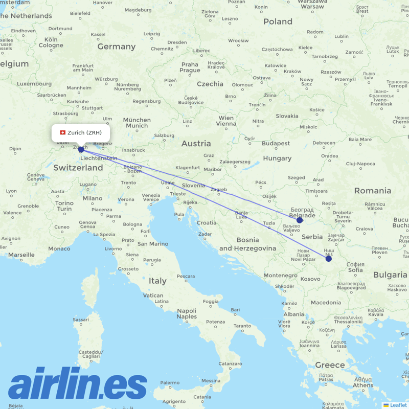 Air Serbia from Zurich Airport destination map