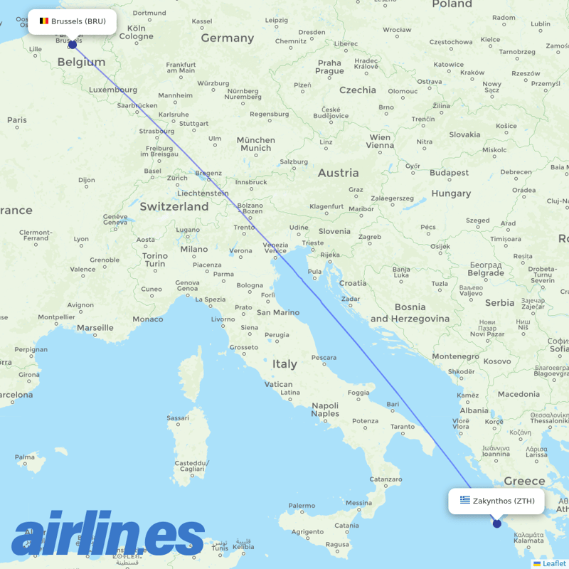 TUI Airlines Belgium from Zakynthos International Airport destination map