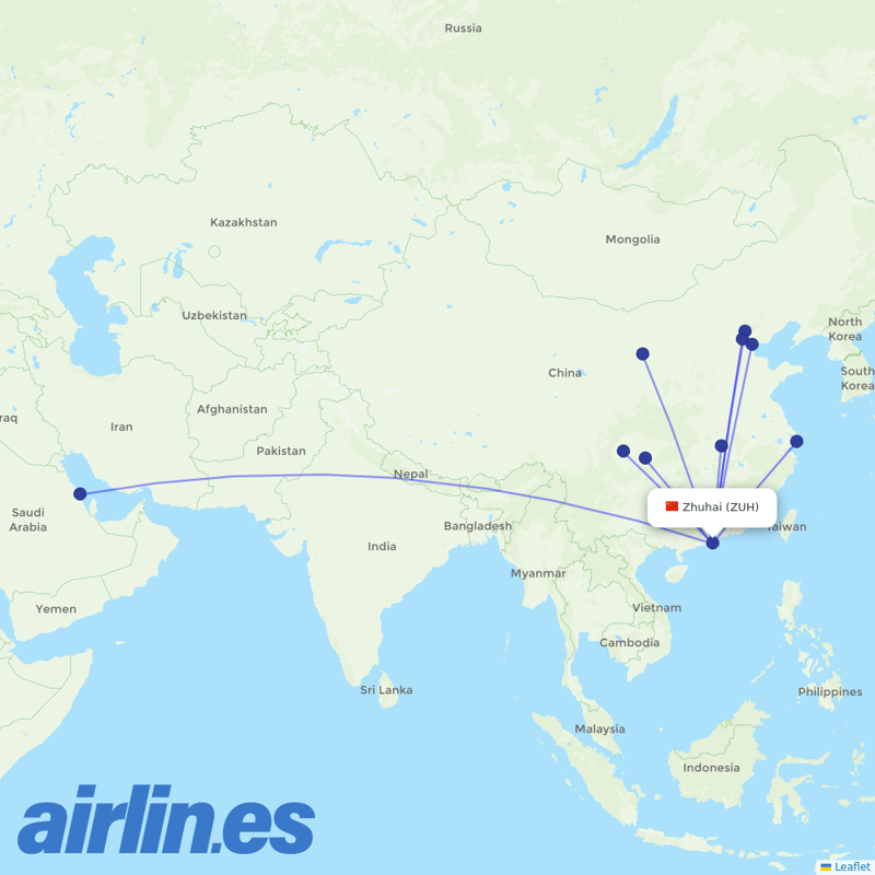 Air China from Zhuhai Airport destination map