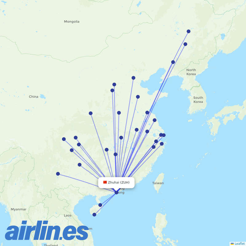 China Southern Airlines from Zhuhai Airport destination map