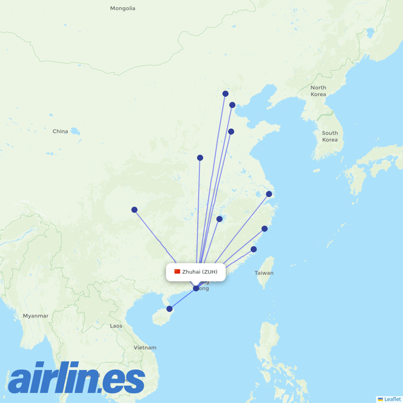 Shandong Airlines from Zhuhai Airport destination map