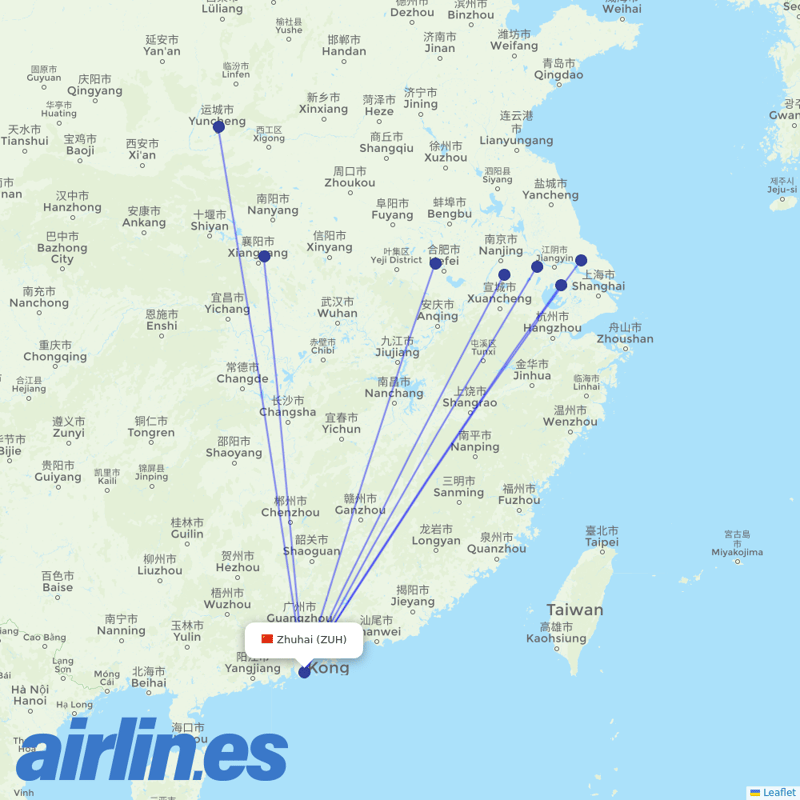 Shenzhen Airlines from Zhuhai Airport destination map