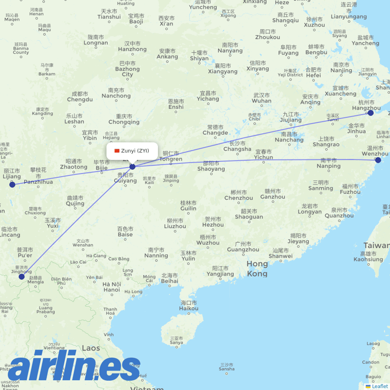 Loong Air from Zunyi Xinzhou Airport destination map