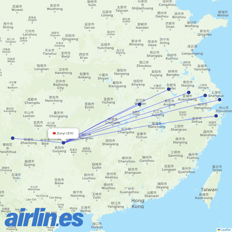 China Eastern Airlines from Zunyi Xinzhou Airport destination map