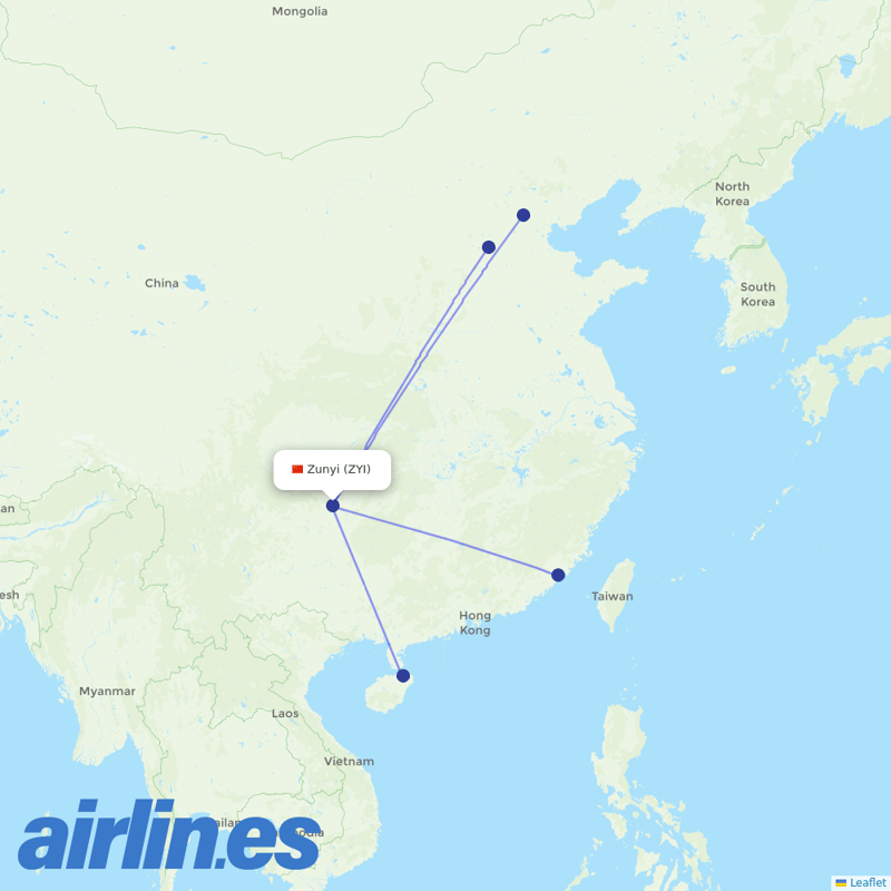Hebei Airlines from Zunyi Xinzhou Airport destination map
